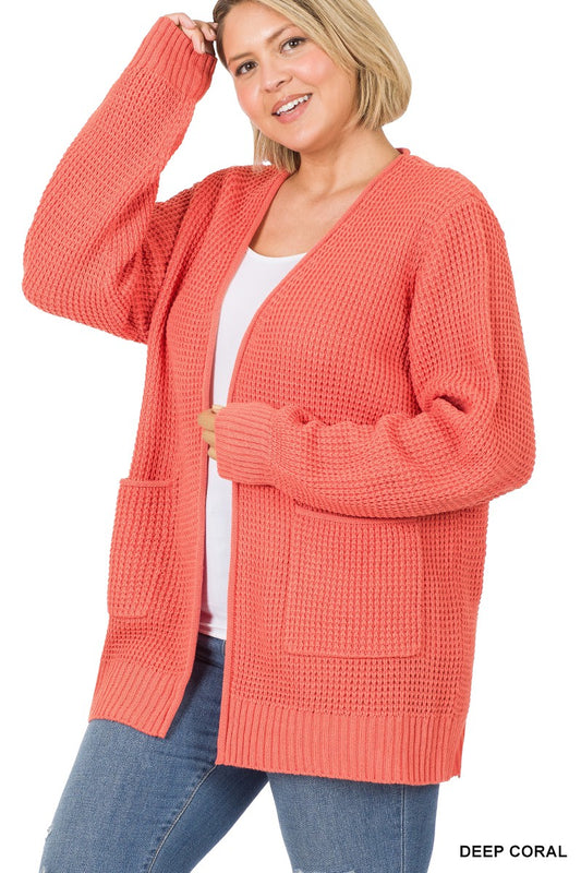 Deep Coral Low Gauge Waffle Open Cardigan