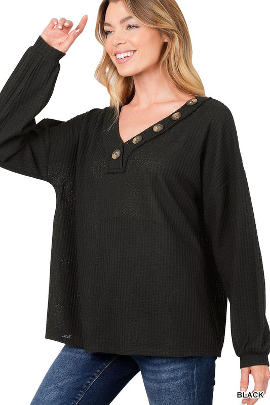 Black Brushed Waffle Button Detail Top