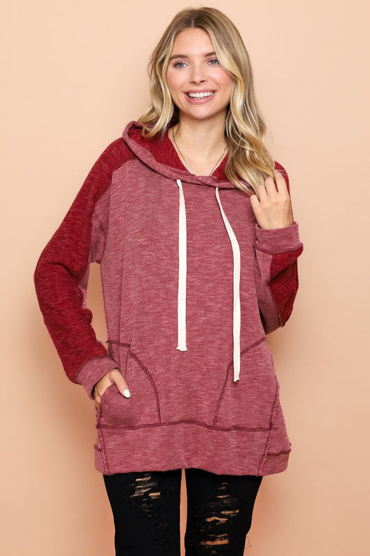 Wine Ribbed Knit Hoodie