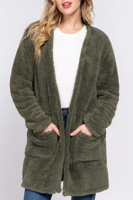 Olive Sherpa Cardigan