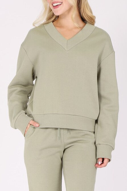 Sage V Neck Fleece Sweatshirt