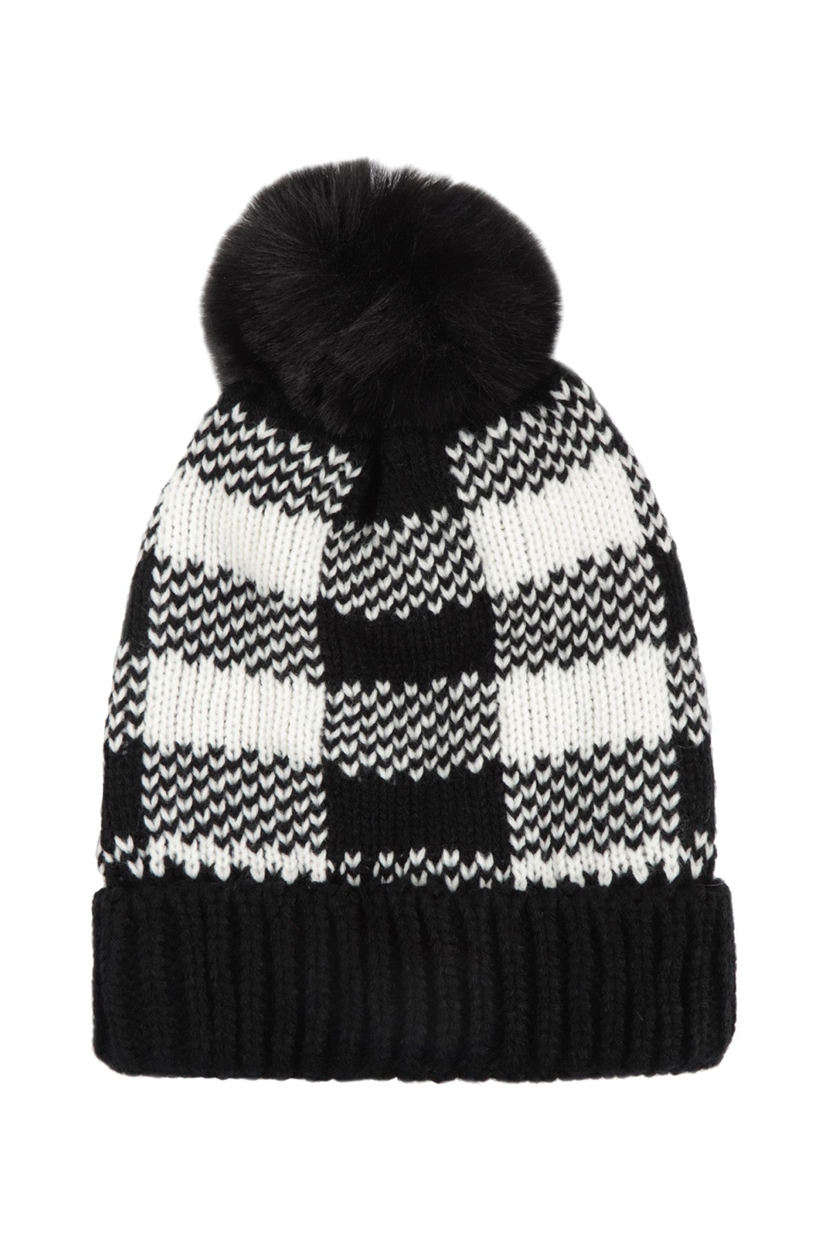 Buffalo Plaid Pompom Knit Beanie